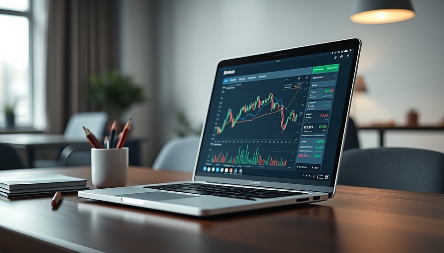 Laptop with next-generation trade finance solution on screen in modern office.
