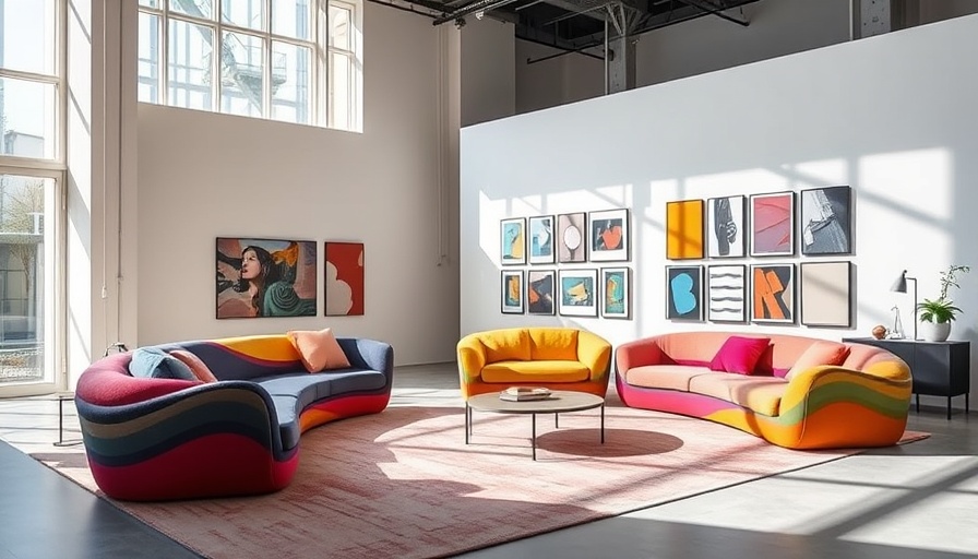 Contemporary furniture display at Milan Furniture Fair 2025 with colorful abstract sofa.