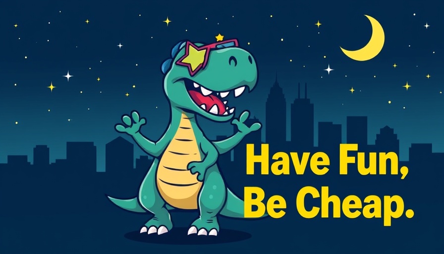 Playful dinosaur in Charlotte promoting 'Have Fun. Be Cheap.' event.