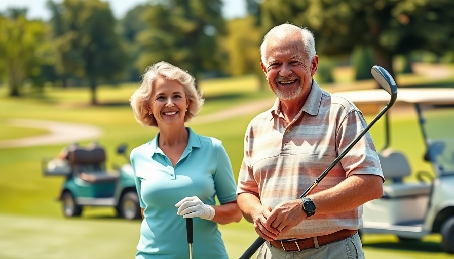 Joyful seniors golfing in 55+ communities setting.