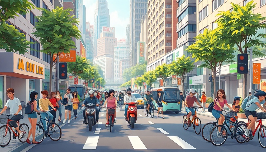 Cartoon city with diverse groups enjoying post-car infrastructure.