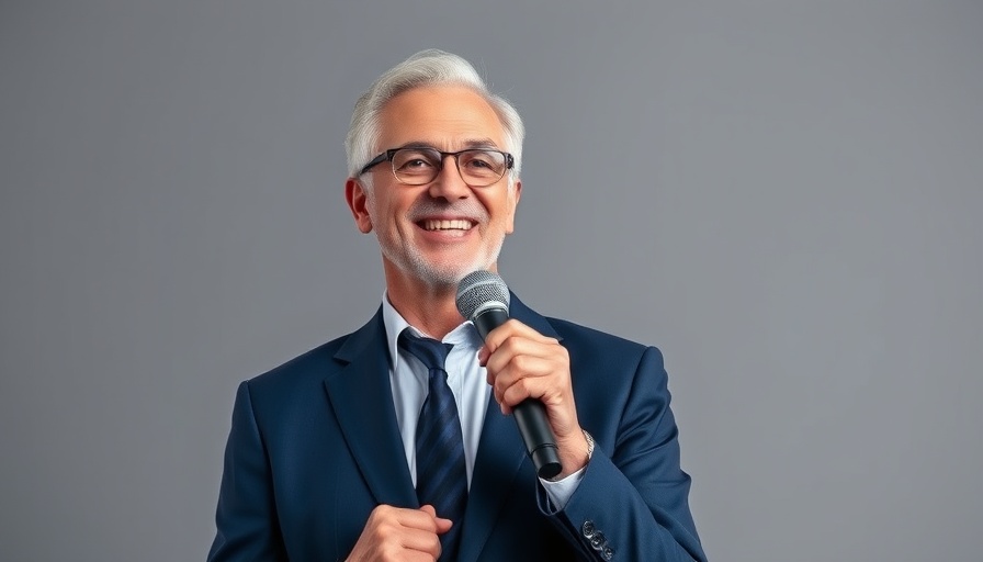 Smiling man with microphone in a suit on stage, Kevin Costner Beach House Insights.