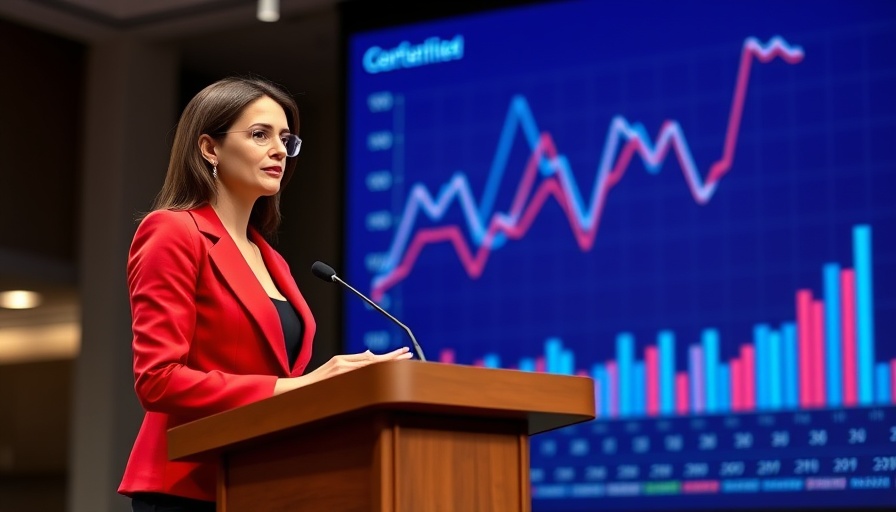Financial Insights: Woman presenting financial trends against graph backdrop.