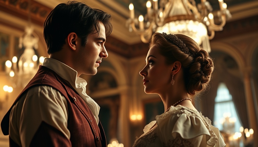Intense period drama scene with a couple in a ballroom, Pride and Prejudice movie anniversary.