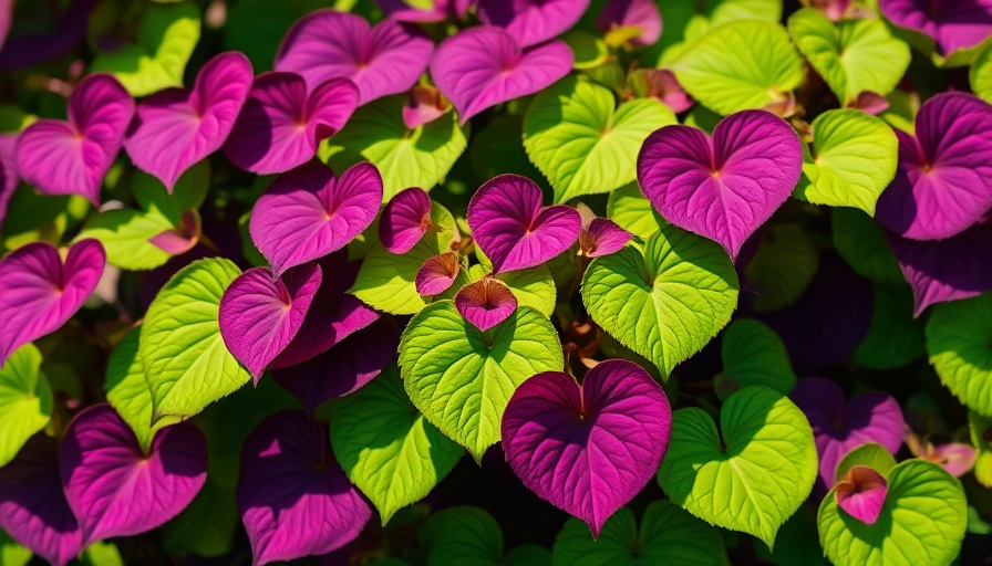 Heart-shaped green and purple leaves in a sunlit garden for spring gardening tips in Dallas.