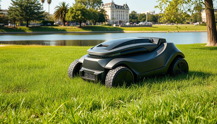 Kress Commercial Robotics Cut N Go mower by river in a park.