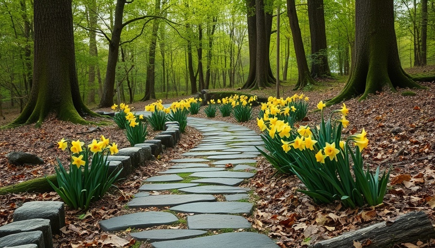 Rustic stone pathway with yellow daffodils showcasing eco-friendly gardening ideas.