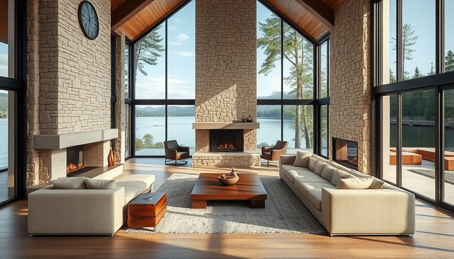 Modern lakeside living room with fireplace and large windows.