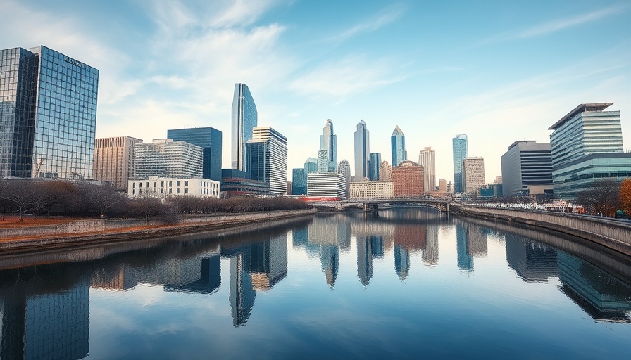 Dallas skyline reflecting in river, urban landscape, cost of living in Dallas