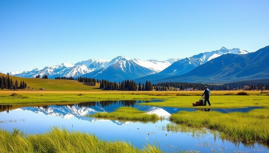 Propane-powered mower in beautiful mountain landscape, clean energy future.