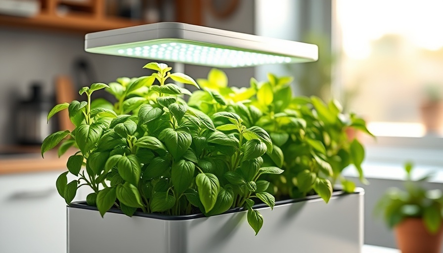 Smart garden growing basil, illuminated by LED lights, in a modern kitchen setting.