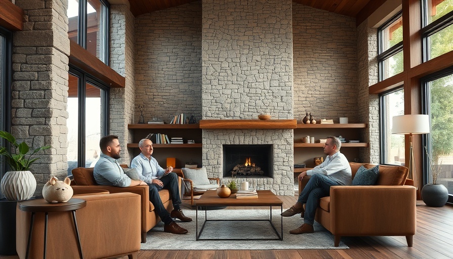 Modern living room in luxury ski lodge with group of men talking.