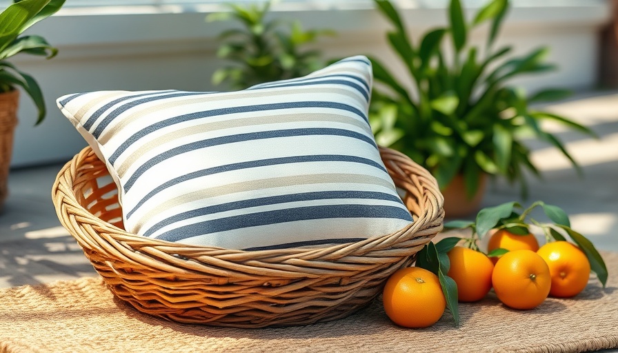 Modern striped cushion in a woven basket on a jute rug.