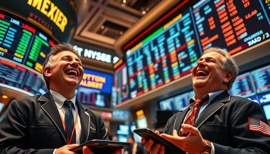 Jubilant traders celebrating in stock exchange; short squeeze stock market.