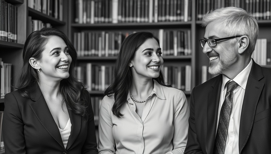 Friendly group in formal attire at a book-filled room.