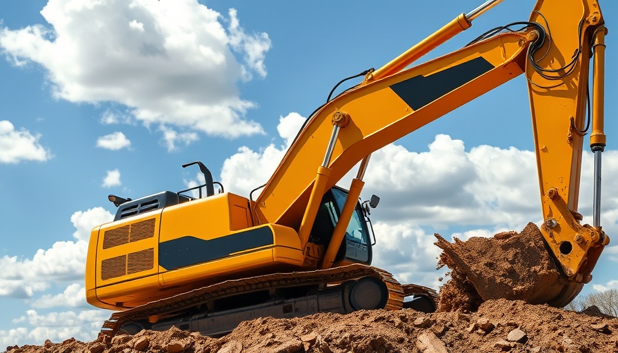 Modern excavator operating at construction site, showcasing landscaping equipment innovations.
