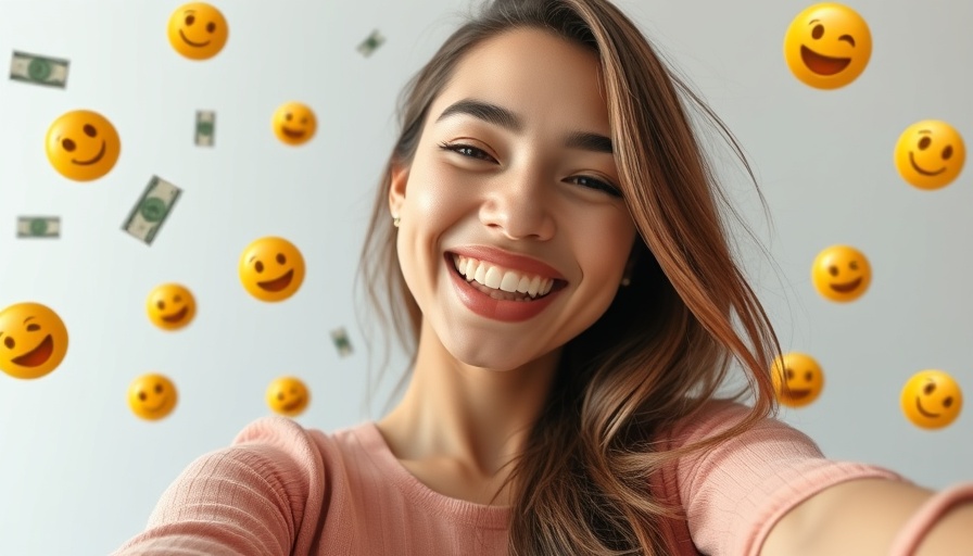 Cheerful young woman taking selfie with flying dollar bills and emojis.