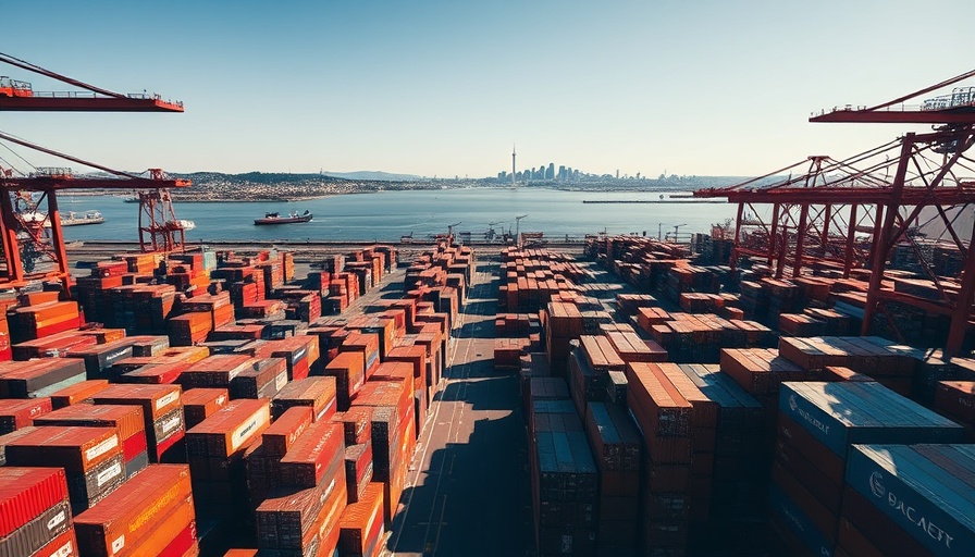 Shipping port with containers and Seattle skyline, illustrating economic themes.