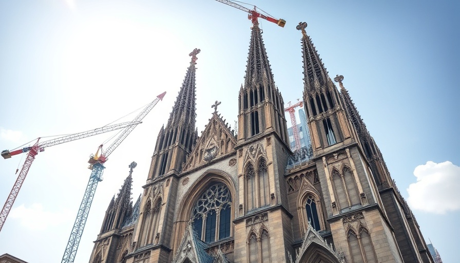Sagrada Familia basilica with construction cranes and clear sky.