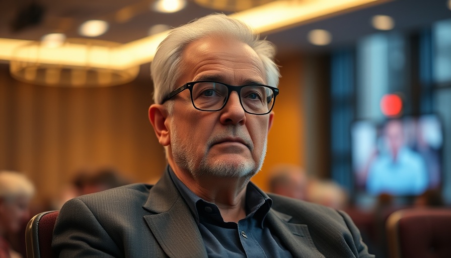 Elderly gentleman seated, indoor setting with warm lighting.