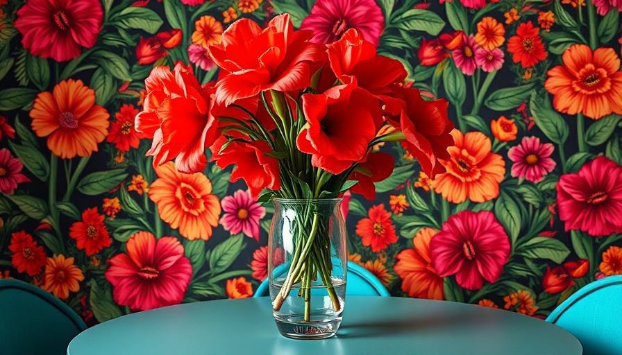 Vibrant maximalist interior design with bold floral wallpaper.