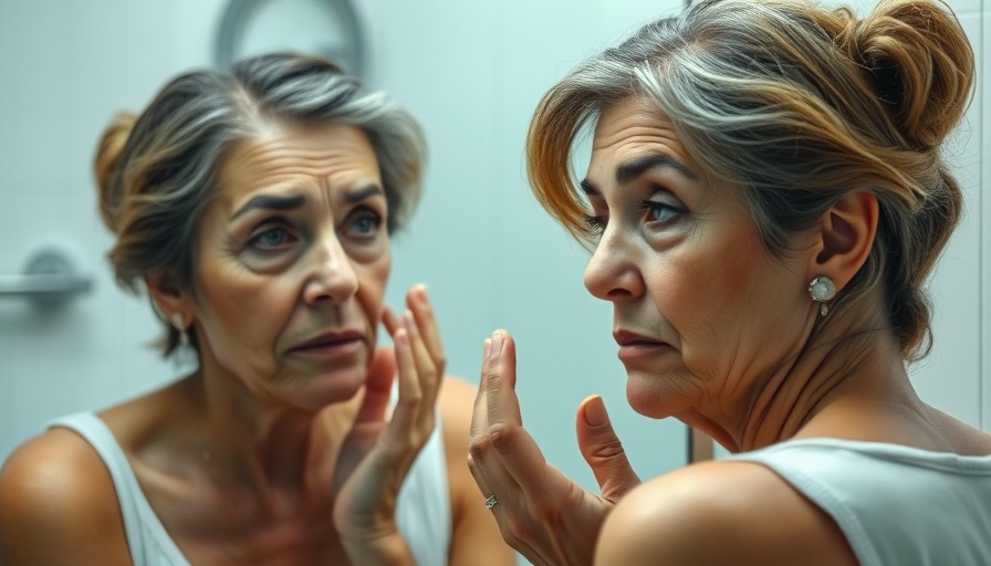 Middle-aged woman concerned about aging, examining face in mirror.