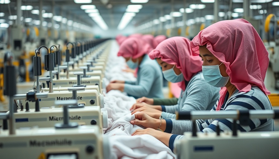 Chinese factory workers sewing with machines.