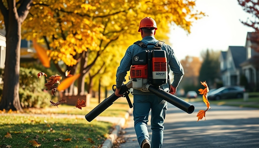 Husqvarna 590BTS backpack blower in action on a sunny autumn street.