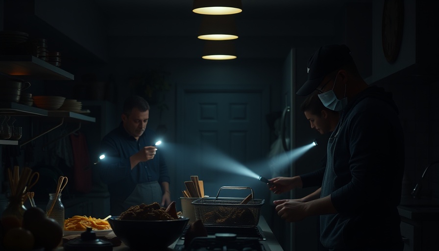 Dimly lit kitchen work during Spain power outage.