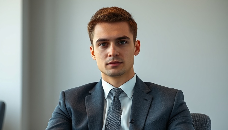 Young man in formal suit during interview, farm-to-table legacy discussion.
