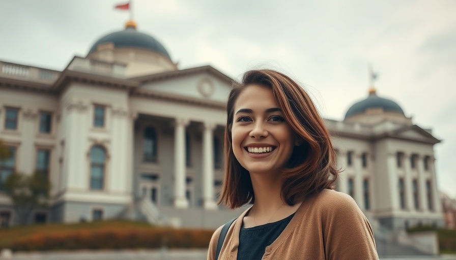Young woman smiling in front of a government building.
