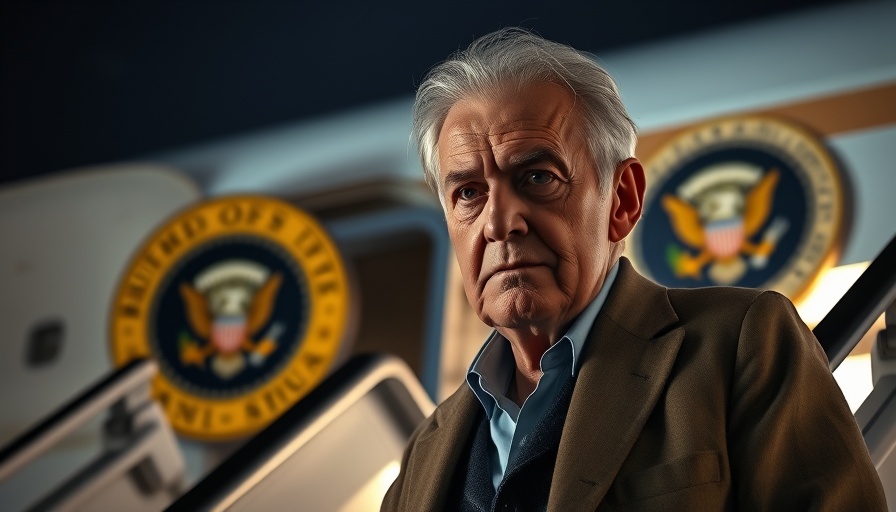 Elderly man on stairs near aircraft with presidential seal, global finance connection.