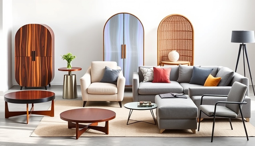 Modern Homary furniture and decor collage featuring tables, chairs, wardrobe.