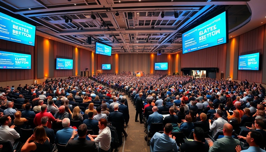 Global finance conference in crowded auditorium with attendees.