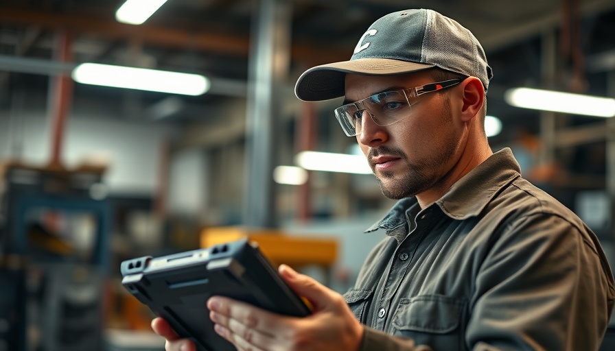Technician using tablet for fleet management partnership in workshop.