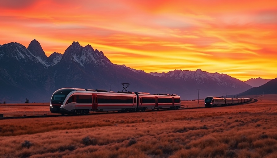 Scenic train route through mountains at sunset.