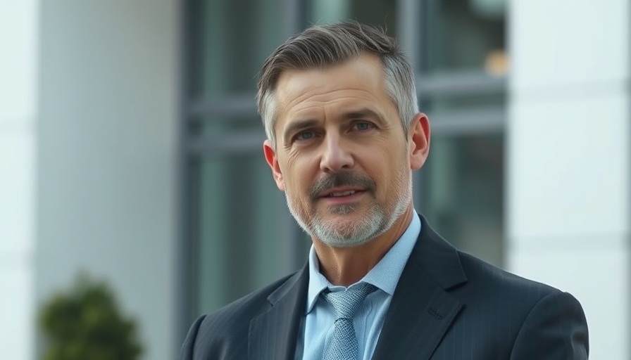 Middle-aged man in suit giving interview outside.
