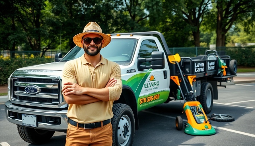 Solo lawn care operator by branded truck, addressing challenges.