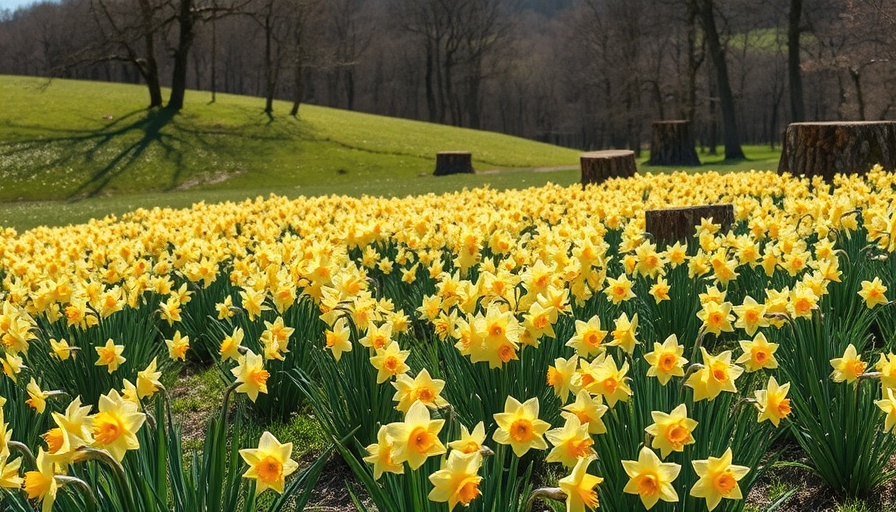 Blooming daffodils spread across a Connecticut hillside.