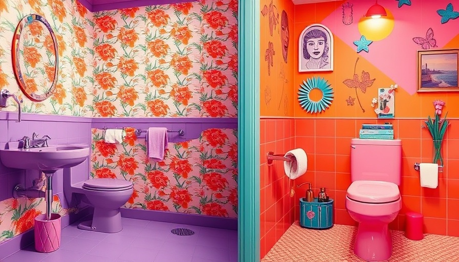Colorful toilets in eclectic bathroom setups.