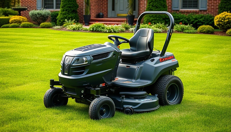 Exmark zero-turn mower on lawn, showcasing discounts.