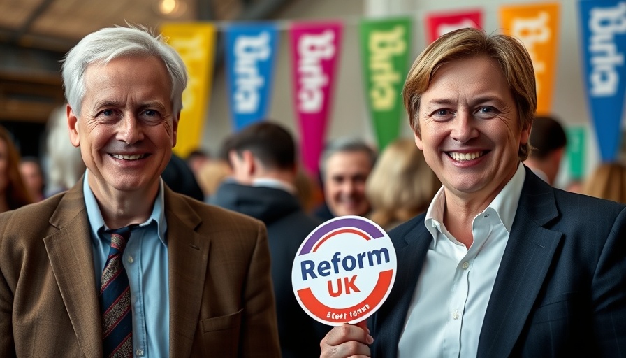 Reform UK representatives smiling at election event.