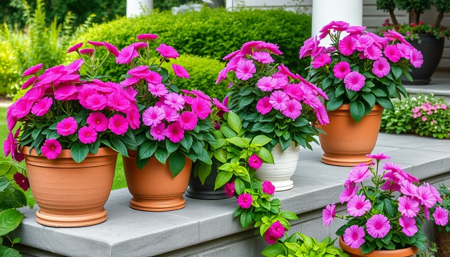 Colorful flower pots on a New Jersey porch with May blooms.