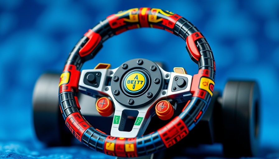 Detailed LEGO F1 car steering wheel close-up highlighting craftsmanship.