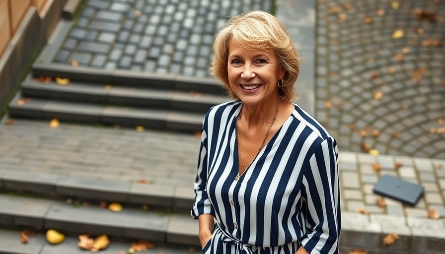 Mature woman smiling outdoors on stone steps with cobblestones.
