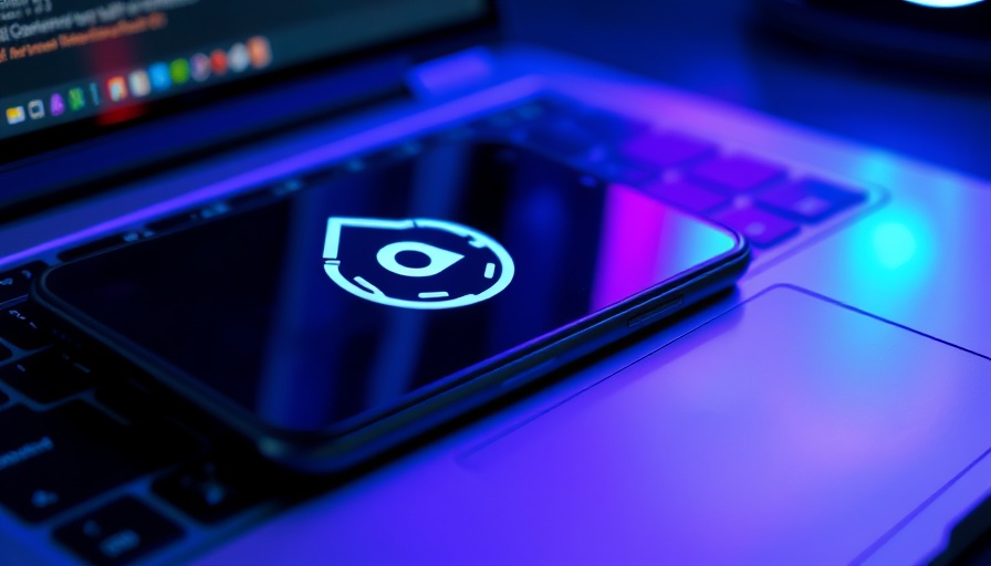 OpenAI logo on smartphone keyboard in blue-purple light.