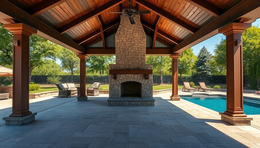 Elegant pavilion in Parker Landscape Design backyard with stone fireplace and pool.