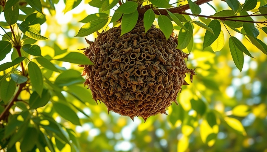 Hornet nest hanging from a tree branch with green leaves.