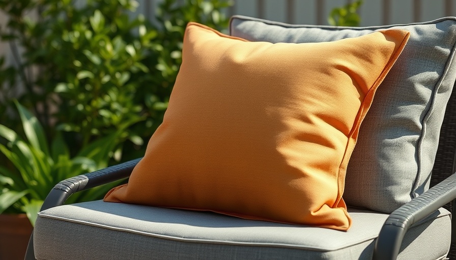 Tan outdoor pillow on gray chair for backyard decor.