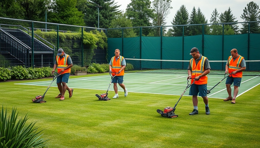 Groundskeepers maintaining tennis court area, Sourcewell Cooperative Purchasing contract.